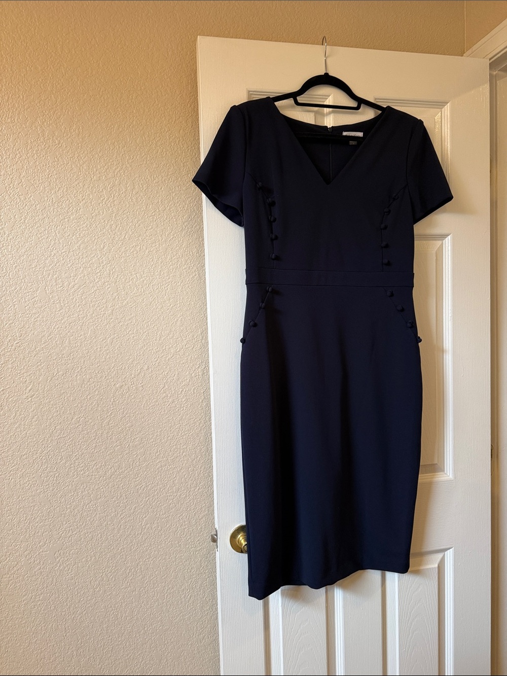 Calvin Klein Navy V-Neck Sheath Midi Dress